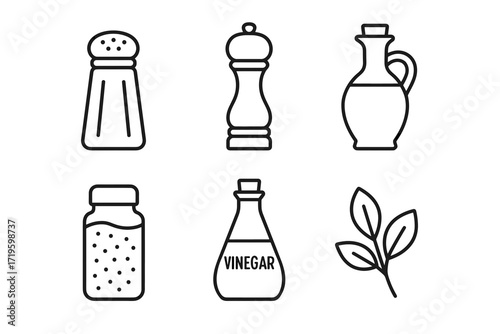 Set of spice icons: salt, pepper, vinegar, herbs, and olive oil outlined