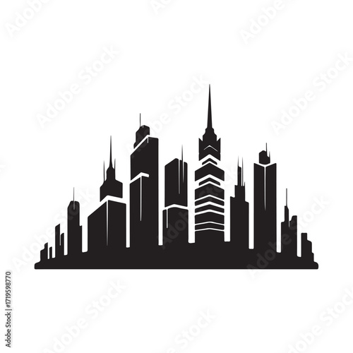  A sophisticated urban silhouette made up of simple, clean lines and symmetrical designs,  Bulding Silhouette Icon set Vector Collection, vector illustration eps 10.