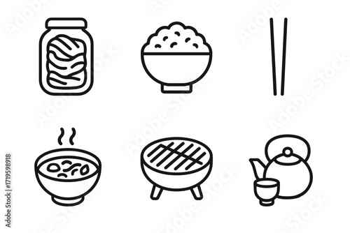 Asian cuisine icons set: kimchi, rice, chopsticks, noodles, grill, teapot