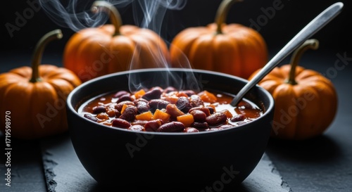 A steaming bowl of hearty chili with kidney beans and pumpkin cubes, surrounded by vibrant orange pumpkins, set against a dark background, perfect for autumn-themed culinary content