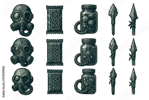 Post-apocalyptic icons: gas masks, dna packets, biohazard canisters, spearheads