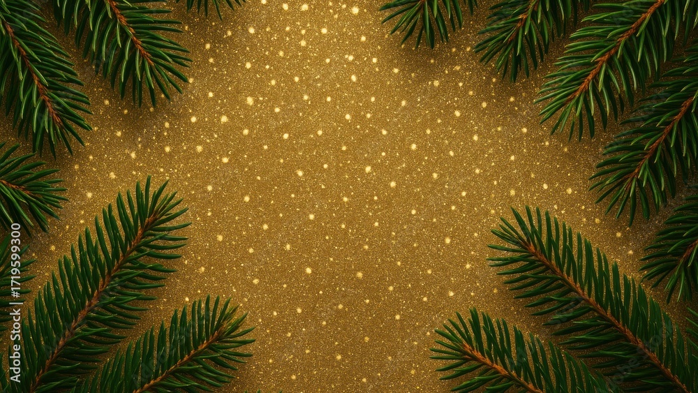 Obraz premium Festive pine branches golden background.