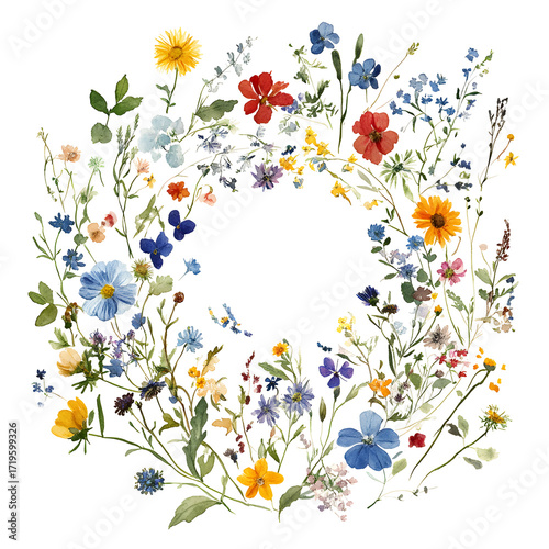 Wildflower grass field border, watercolor hand painted botanical arrangement, natural garden floral spring summer divider for invitation and card design

