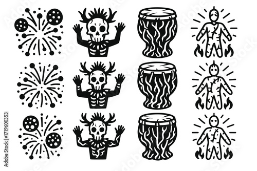 Tribal patterns: skull motif, drums, fire figures, and explosive designs