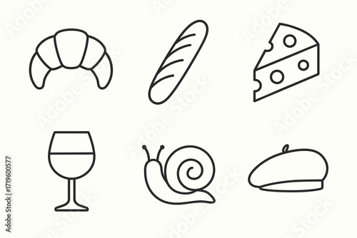 French icons: croissant, baguette, cheese, wine, snail, beret outline set