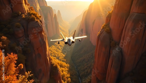 Soaring fighter jet navigates dramatic canyon during golden hour, showcasing aerial power and breathtaking natural beauty.