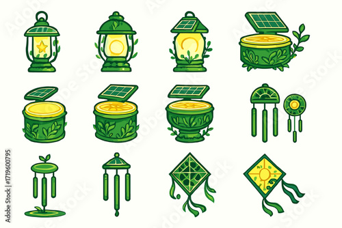 Eco-friendly lanterns and wind chimes with solar panels and nature designs