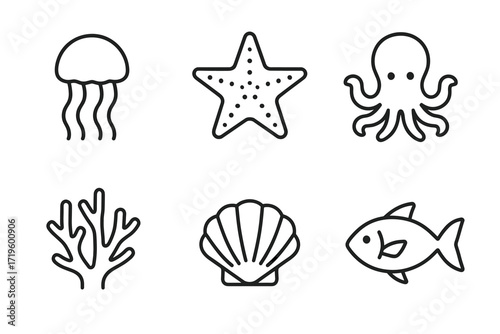 Marine life icons: jellyfish, starfish, octopus, coral, shell, fish illustrations