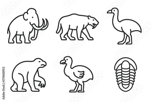 Outline icons of extinct animals: mammoth, saber-toothed cat, dodo, and more