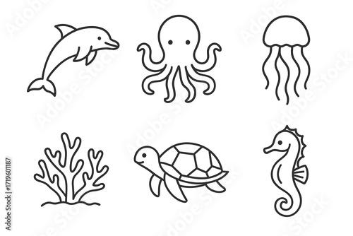 Outline illustrations of marine animals including dolphin, octopus, and seahorse