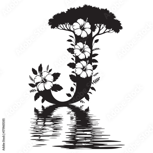 Artistic silhouette of a tree shaped like the letter j adorned with flowers and reflected in water