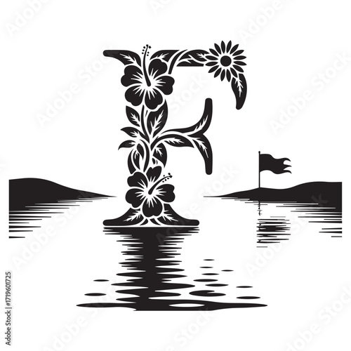 Decorative floral letter f silhouette reflecting in water with tropical island and flag elements