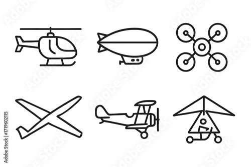 Icon set of aircraft: helicopter, blimp, drone, glider, biplane, hang glider