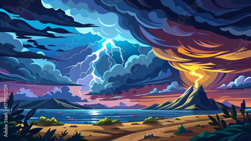 A storm is coming over the ocean with a lot of lightning, thunderbolt. Dramatic scene with dark sky, Thunderstorm clouds, Cumulonimbus. Hurricane. Rende