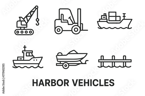 Outline icons of harbor vehicles: crane, forklift, cargo ship, fishing boat, motorboat, pier
