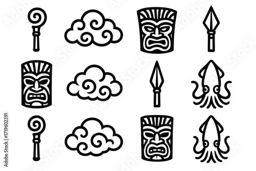 Tiki masks and tribal elements pattern with clouds and squids in black and white