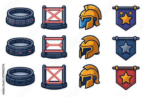 Cartoon gladiator helmets and arena icons with colorful shields and barricades
