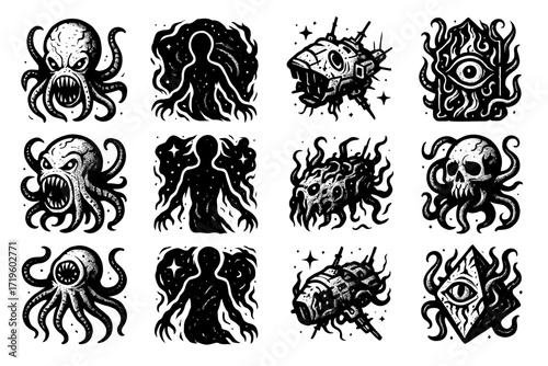 Intricate monochrome inked horror creatures and symbols collection