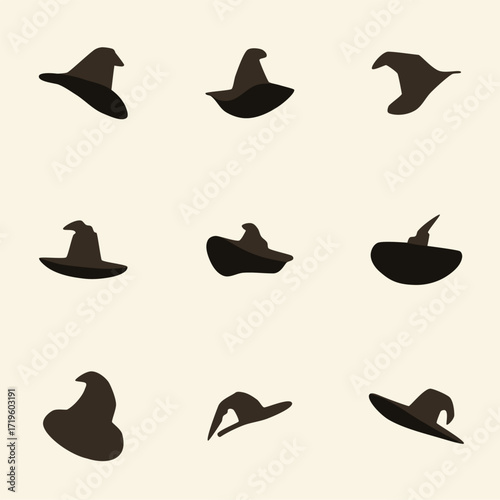 Wizard spooky hats set. Halloween witch hats, Halloween party costume elements flat vector illustrations set