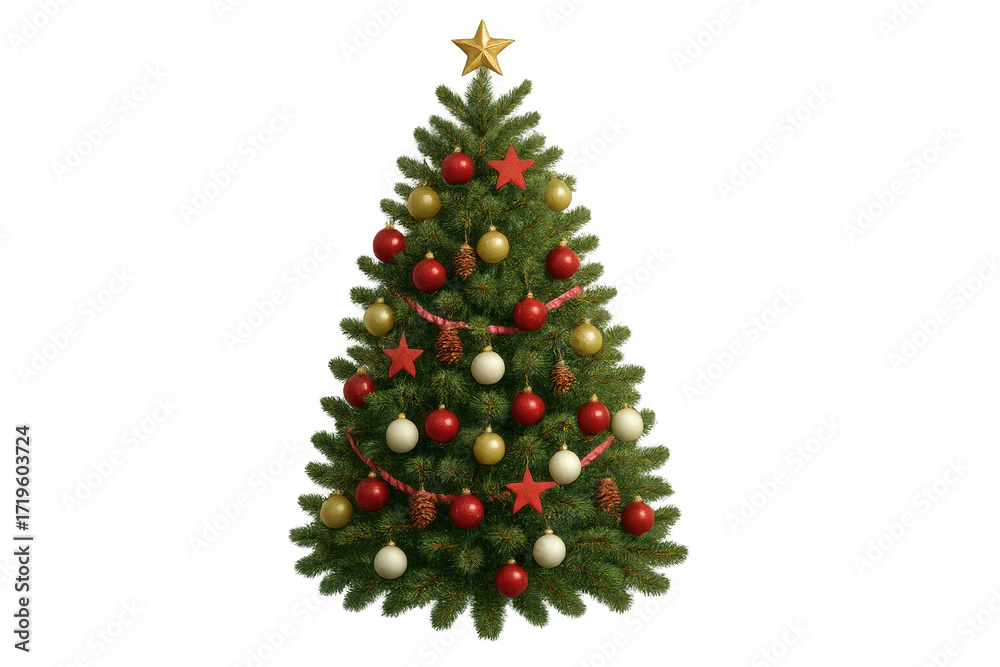 Obraz premium Christmas tree decorating with ornaments, star, ribbons, pinecones, symbol of winter holidays and festive season