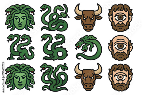 Greek mythology creatures: medusa, hydra, minotaur, cyclops illustrations