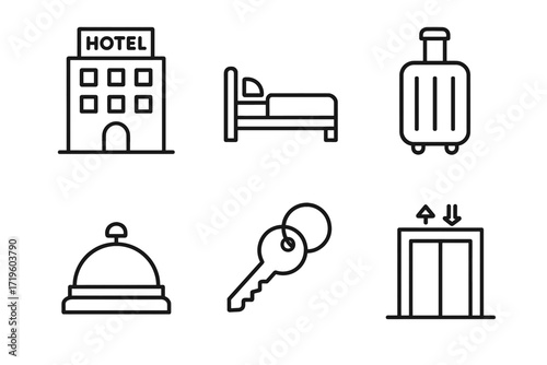 Hotel icon set featuring building, bed, suitcase, bell, key, elevator symbols