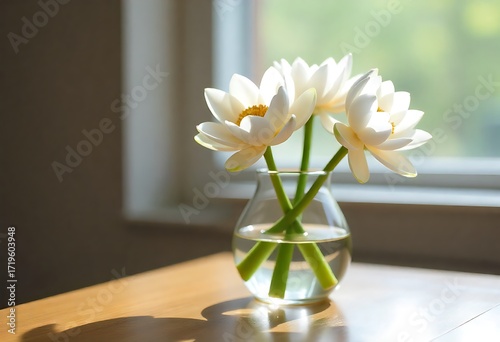 Elegant white water lilies bloom in a clear glass vase, catching soft sunlight, bringing serene natural beauty indoors for peaceful decor