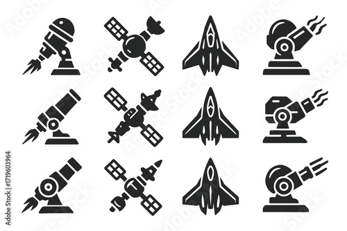 Collection of spacecraft icons featuring telescopes, satellites, and fighter jets