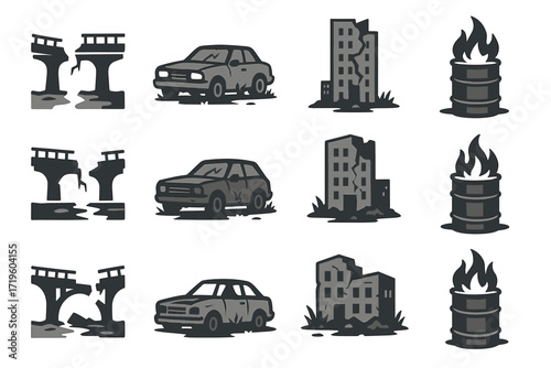 Post-apocalyptic icons: ruined bridges, abandoned cars, crumbling buildings, and flaming barrels