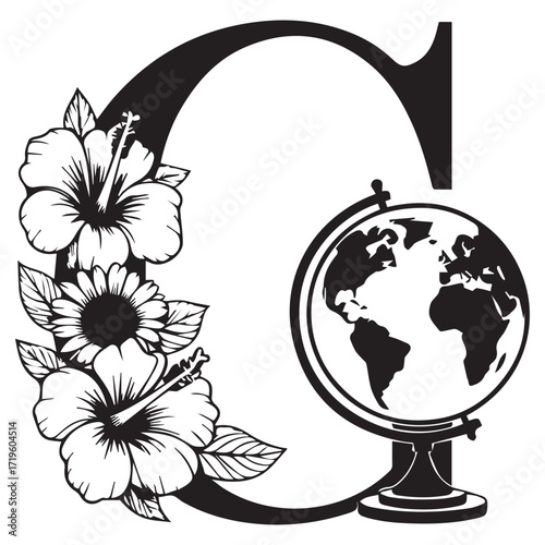 Elegant black and white monogram letter c adorned with tropical hibiscus flowers and a vintage globe illustration