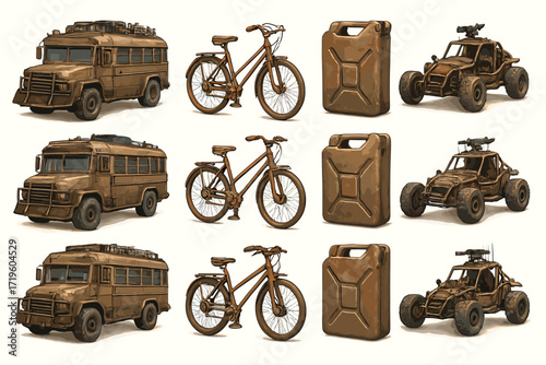 Rusted vehicles and gear set featuring bicycles, gas cans, and off-road cars