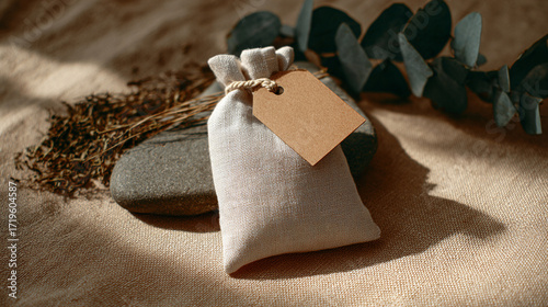 A fabric sachet with a blank kraft label rests on textured linen with botanical accents and warm light.