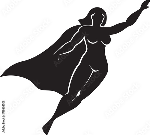 Powerful woman superhero cape flowing  silhouette vector, black and white silhouette vector illustration