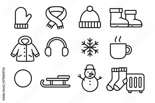 Winter icons: mittens, scarf, earmuffs, snowflake, hot drink, snowman, sled, heater, boots, hat, jacket, socks