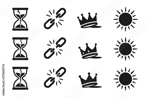 Set of black icon designs: hourglass, broken chain, crown, sun