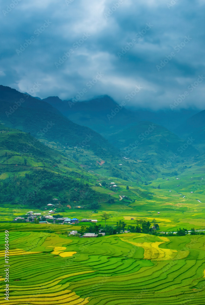Fototapeta premium Vertical Beautiful Mountain landscape foggy windy mountain range green landscape asian farm. Vertical Amazing Landscape mountain green field meadow white cloud blue sky sunrise. Countryside scenery