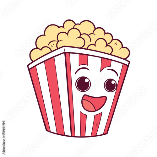 Cute cartoon popcorn bucket with a happy face and big eyes perfect for movie night or snack time illustrations