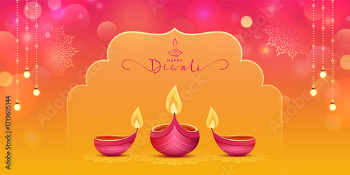 diwali festival of lights colorful creative abstract background design with illustration of diya, frame, typography and bokeh effect