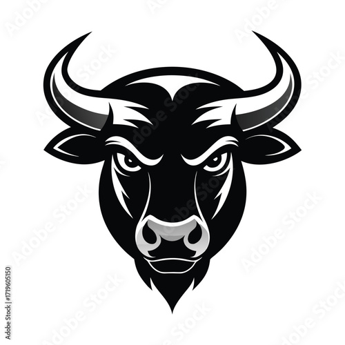 Fierce black bull head mascot with intense eyes and sharp horns symbolizing strength power and determination isolated on white background