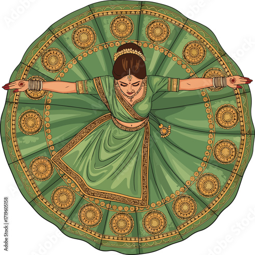 Top View of Indian Dancer in Green Saree 