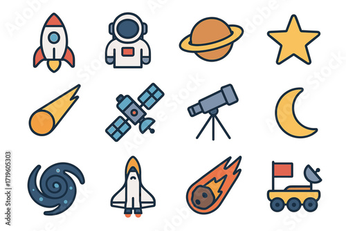 Colorful space icons: rocket, astronaut, planet, star, and telescope illustrations