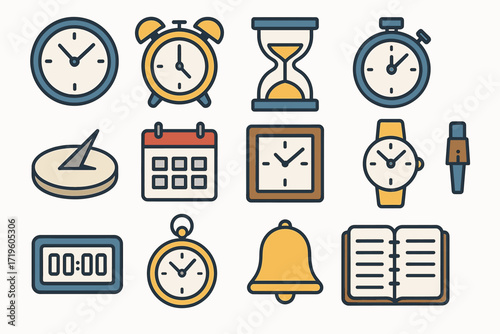 Collection of various timekeeping devices and symbols in flat design