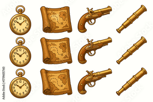 Vintage pirate items: pocket watches, treasure maps, pistols, telescopes
