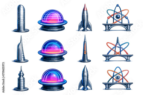 Set of futuristic space icons with rockets and atomic designs