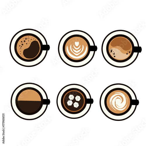 set of coffee cups on top view, black cup