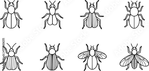 Set of simple insect line icons.