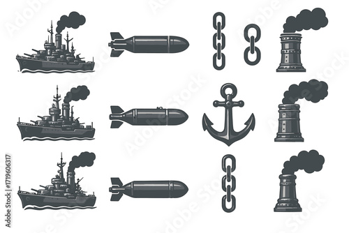 Nautical symbols: warships, missiles, chains, anchors, and lighthouses