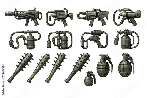Illustrated set of cartoon weapons including guns, maces, and grenades