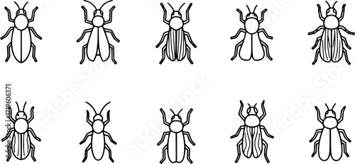 Set of simple insect line icons.