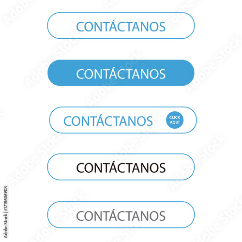 Simple and thin white and blue contactanos bar button on a white background (trad. contact us)